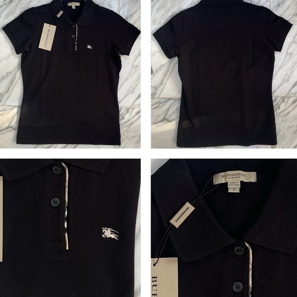 BURBERRY LONDON BLACK POLO WITH CHECK PLACKET EMBROIDERED WHITE LOGO SHIRT - Picture 14 of 16